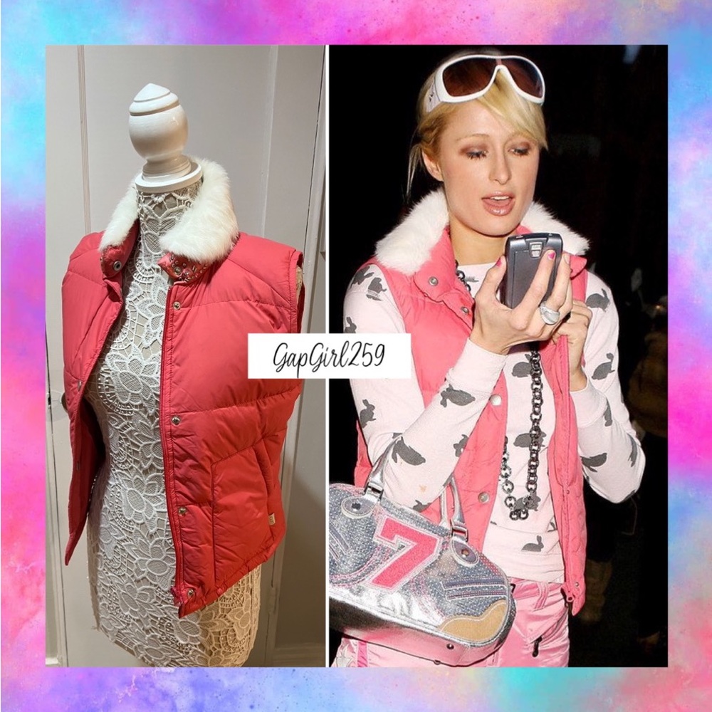 LaRok Y2K fur trimmed pink down vest XS ASO Paris Hilton